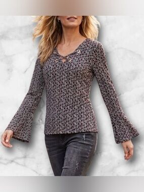 Michael Kors Floral Geometric Top Blouse Bell Sleeve Grommet Detail Boho Size S